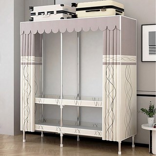 [시스슈] 이동식 3단 조립식 옷장 - 강화 철제 프레임 + 대용량 하단 수납 & 먼지방지 커튼이 장착된 합금 간이 옷장, 베이지색