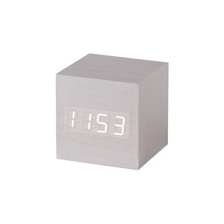 創意木質鬧鐘 簡約復古靜音夜光學生床頭多功能北歐臺鐘, 小立方款白木白字【插電】