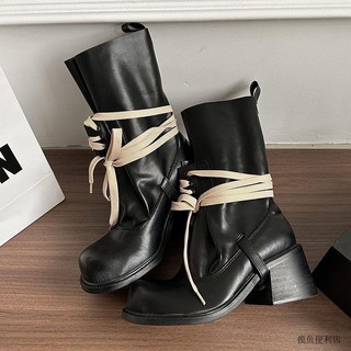 黑色厚底束口綁帶馬丁靴 粗跟圓頭堆堆短靴