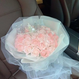 永生玫瑰香皂花束 附皇冠 適合畢業季、生日禮物、教師禮物, 【成品發貨】少女粉33朵送皇冠賀卡燈