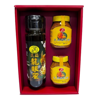 皇廷養蜂場 頂級天然龍眼蜜1100g 蒲鹽花蜂花粉300g(2瓶) 蜂蜜花粉禮盒組F, 1個