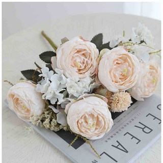 新款歐式9頭苞芯牡丹仿真花 酒店家居攝影插花裝飾擺件仿真花永生花人造花乾燥花永不凋零拍照道具假花裝飾居家裝飾, 秋白, 1個