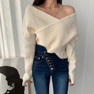 交叉V領露肩針織上衣