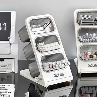 馬克筆收納盒 大容量筆筒 學生桌面兒童文具斜插筆筒亞克力置物架, 1個, 斜面三格筆筒