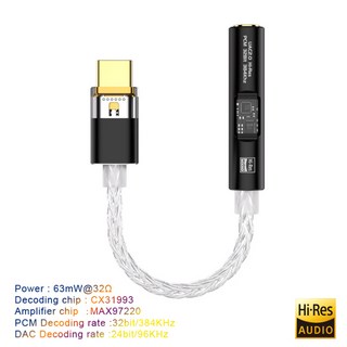 USB 유형 C 3.5mm 잭 어댑터 헤드폰 앰프 HiFi DAC USB C 오디오 AUX 변환기 디코더 CX31993 MAX97220 PCM 32Bit 384KHz, [01] Black