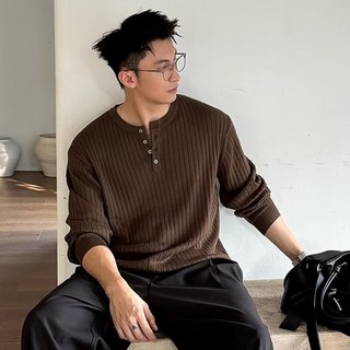 秋季潮流坑條肌理亨利領毛衣 簡約氣質百搭新款 日系慵懶風寬鬆休閒長袖上衣