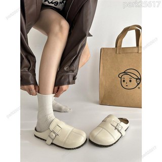 厚底皮麵勃肯涼拖鞋女外穿新款春季一腳蹬休閒包頭半拖鞋