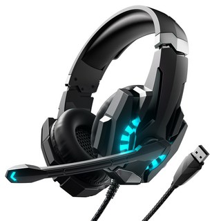 OMIIYA 가상 7.1채널 3D 사운드 아이스 블루 LED 노이즈 캔슬링 마이크 USB 게이밍 헤드셋, 블랙, H59