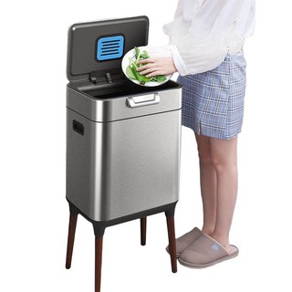 다리달린 휴지통 건습식 분리 주방 높은 스테인레스 사각 뚜껑 쓰레기통, 18L 센서형, 1개