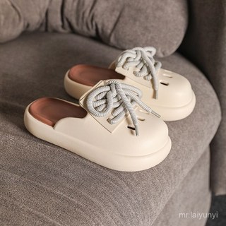 限時購 夏季新款情侶個性雙色加厚洞洞鞋懶人半拖防水拖鞋辦公室包頭拖鞋純色輕便透氣拖鞋男士M18H, 黑白色,43-44