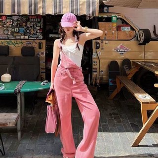 韓版顯高粉色吊帶褲 ins風減齡寬鬆顯瘦背帶褲 夏季吊帶高腰直筒牛仔褲 小個子顯高落地褲連體褲 闊腿吊帶長褲寬褲