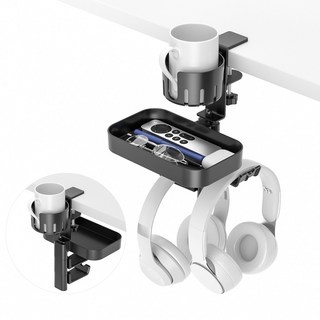 3 合 1 桌面杯架 - 帶杯架的旋轉耳機掛架 - 夾在桌面收納架上 耳機 杯子 手機和筆(黑色), 1個