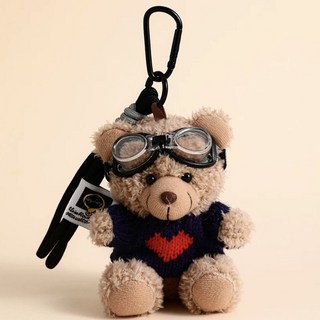 汽車鑰匙扣毛絨小熊玩偶 情侶包包掛件 可愛公仔鎖匙圈禮物掛飾, 1個, 棕熊【藏藍愛心】眼鏡掛繩