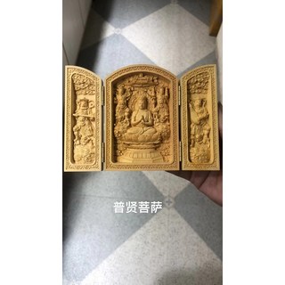 【熱銷新品】黃楊木雕刻家居擺件 中式擺件 隨身佛龕 佛像 觀音 菩薩 三清三開盒 清水祖師 三寶如來 木雕佛像, 普賢
