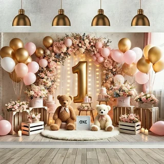 폴리에스테르 배경 배너: 다목적: 테디 베어와 풍선 디자인 꽃무늬 아치와 황금색 숫자 "1", 05 100x150cm, 01 MULTI