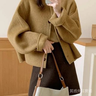 圓領短款雙面羊毛大衣女鼕季韓版寬鬆小香風毛呢外套，台灣出貨