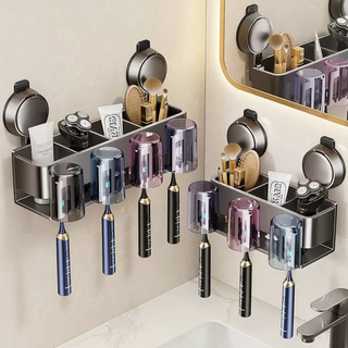 強力加壓吸盤 鋁合金牙刷架 免打孔壁掛, 三人款-送三彩杯, 1個