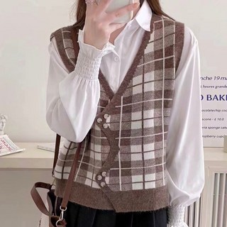 格紋交叉釦針織背心