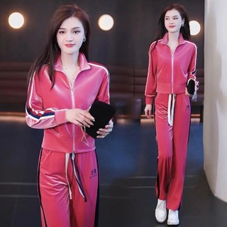 台灣熱銷大碼連帽衛衣金絲絨加絨加厚運動服套裝女秋冬季韓版刷毛衛衣兩件套