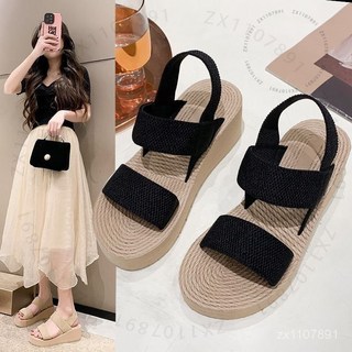 羅馬時尚鬆緊帶厚底涼鞋女，一字扣帶外穿涼鞋女, 201黑色【5CM】,40