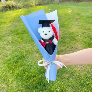 嗨購 畢業禮物 學士熊博士熊花束 太陽花 學校活動禮物 拍照畢業典禮博士熊卡通小花束, 藍色+博士熊, 1個
