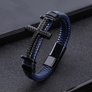 複古手鏈 編織手飾 時尚十字架首飾 創意手鐲 牛皮手鏈 磁扣手環 多顏色