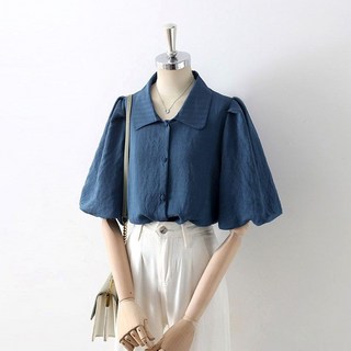 藍色燈籠袖襯衫女新款 法式小眾別緻氣質通勤百搭泡泡袖上衣