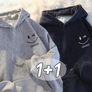 1+1 남녀공용 루즈핏 기모후드티 풀오버 스마일 레터링 무지 맨투맨 가을겨울 도톰기모티