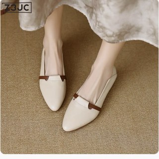 Z3JC 羊皮低跟小皮鞋女杏頭拼色踩跟單鞋一腳蹬奶奶鞋
