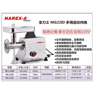 拿力士 NAREX-A MG12ID 735W 多用途絞肉機【台北益昌】, 1個