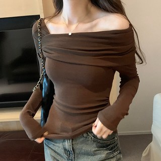 cammello 타이트 원숄더 슬림핏 셔링 긴팔 티셔츠 오프숄더 크롭티