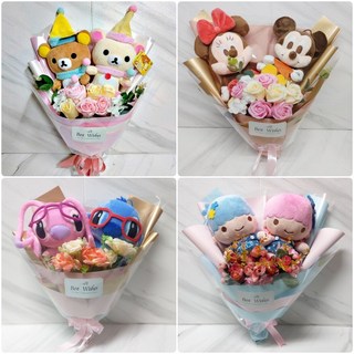 情人節玩偶花束/情侶玩偶花束/米奇米妮/達菲熊/柯南/蠟筆小新/史迪奇/拉拉熊/情人節花束/求婚花束/畢業花束, 1個, 哈利波特＋妙麗,圖為參考搭配，請到下方加購區挑選配花色系, Multi-color