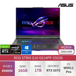 ASUS ROG STRIX G16 라이젠 9 8940HX 지포스 RTX5070 Win설치 가성비 전문가용 디자이너용 대학생용 사무용 게이밍 노트북, G614PP-S5036, WIN11 Pro, 16GB, 1TB, 블랙
