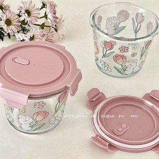 密封保鮮盒ins兔子粉嫩 密封罐 鬱金香家用大容量可外帶耐高溫玻璃 保鮮碗 飯盒, 騎著鬱金香的兔子 玻璃罐, 1個
