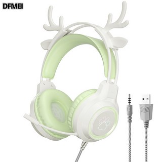 DFMEI G35貓耳電競耳機學生電腦專用3D環繞耳麥頭戴式有線遊戲耳機, Y-G35【鹿耳綠色】PS5發光耳機(配贈一分二線), 如圖