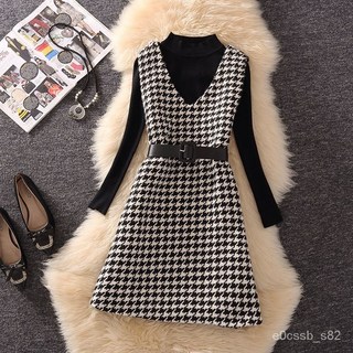 EULD 格子裙單件/套裝 女裝2021新款潮無袖千鳥格打底裙中長款格子裙兩件套裝
