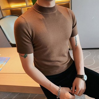 POMTOR 가을겨울 반 터틀넥 반팔 니트 슬림핏 이너 남자 니트반팔 스웨터