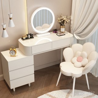 簡白梳妝臺臥室現代簡約輕奢奶油侘寂風化妝臺收納櫃公主化妝桌女梳妝桌 化妝臺 化妝桌 化妝椅 化妝鏡 收納櫃 電腦書桌, 簡白80桌+櫃（無鏡無凳）,圓形鏡