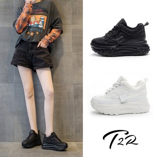 T2R 正韓空運增高鞋，真皮拼接內增高老爹鞋，增高約7公分，黑/白時尚休閒鞋