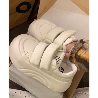 限時購 白色運動鞋女秋冬季增高厚底小白鞋魔術貼醜萌闆鞋鬆糕圓頭麵包鞋耐磨簡約小白鞋SOV8