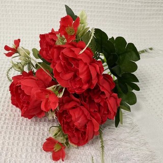 新款 人造花 婚慶仿真花 假花束7頭富貴牡丹花 高檔假花 居家生活裝飾 桌臺裝飾花, 大紅, 1個