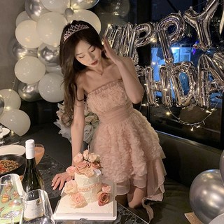 公主日記 重工立體玫瑰仙女生日裙粉嫩花瓣洋裝女裝吊帶裙傘裙衣服