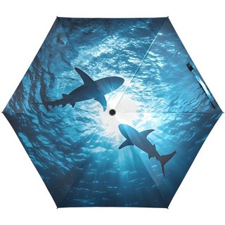 Quteprint 5단 접이식 여행용 우산 비 태양 자외선 차단 바다 상어 수영 방풍 6개 립 UPF 50+ 성인 및 어린이용 소형 경량 접이식 우산