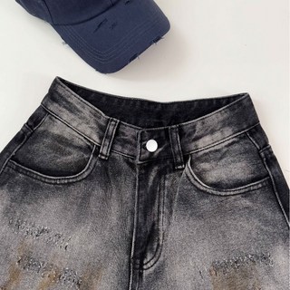 黑色做舊刷色高腰闊腿牛仔長褲 割破 丹寧牛仔褲 寬鬆直筒長褲女