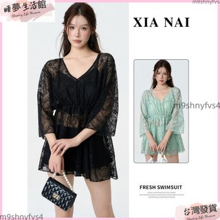 新款蕾絲性感泳衣女大碼遮肉顯瘦泳裝夏季玩水長袖防曬泳衣 兩件組, 綠色,L 95-105斤