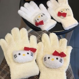 小紅書 哈嘍kitty冬季保暖珊瑚絨五指學生騎行手套，可愛保暖，舒適透氣，騎行必備, 白色kt手套【1雙】
