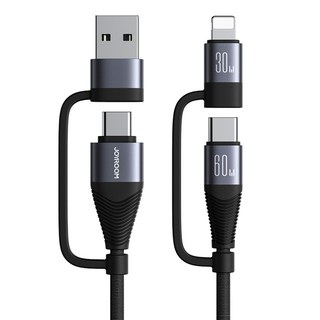 JOYROOM 四合一快充數據線，USB/Type-C/Lightning多接口兼容，60W快速充電，手機平板筆電通用, 灰色, 1個, 1.2mm