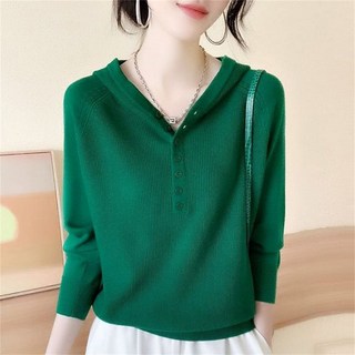 TKX 후드니트 여성 캐주얼 가을 간절기 캐시미어 티셔츠 루즈핏 부드러운 긴팔