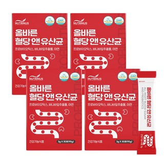 혈당앤유산균 프로바이오틱스 바나바잎 코로솔산 아연 여주추출 유기농사과초모식초 콜라겐 현미가루 은행잎 추출분 함유, 4개, 90g