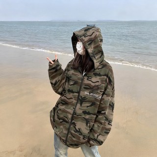 BLEGCAN 復古迷彩連帽外套 男女同款 秋冬季開衫 加大尺碼 戶外運動百搭